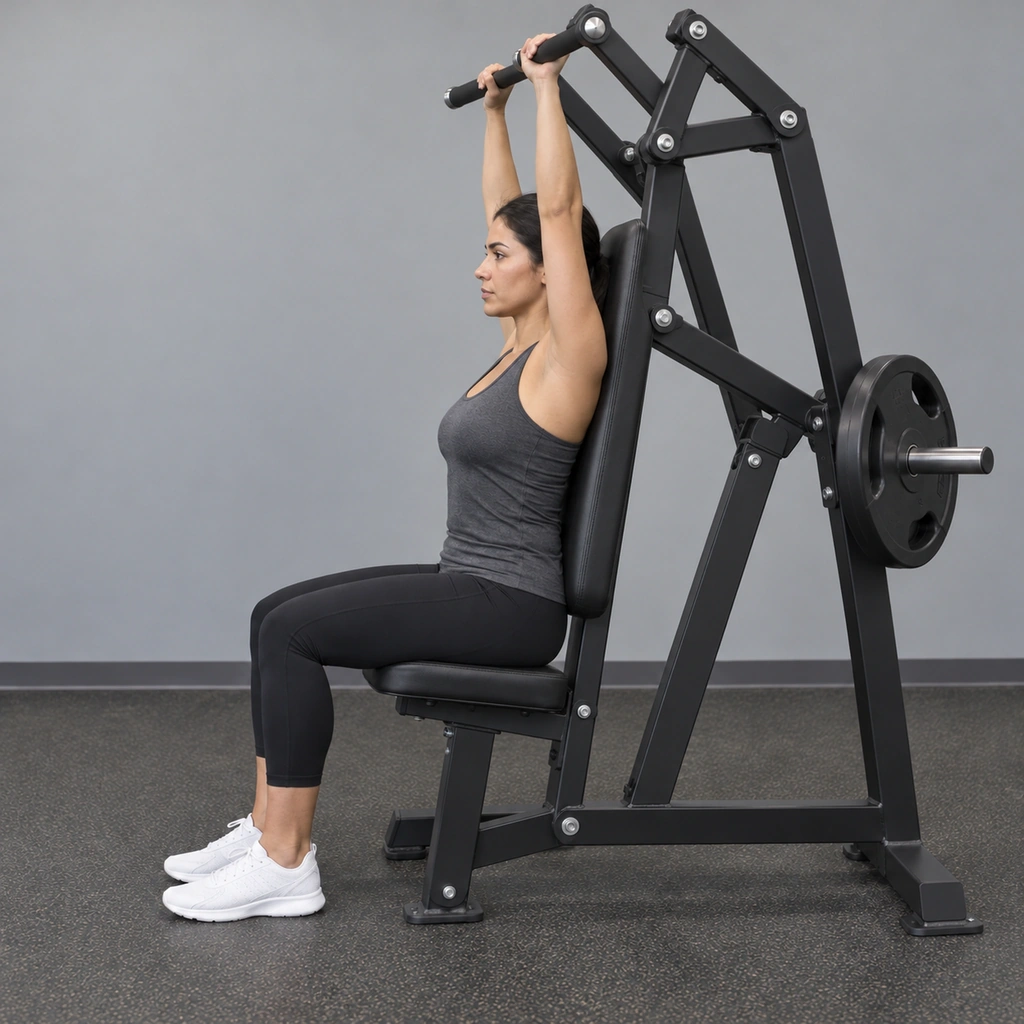 The same woman, now with her arms fully extended straight overhead at the machine, holding the top position.