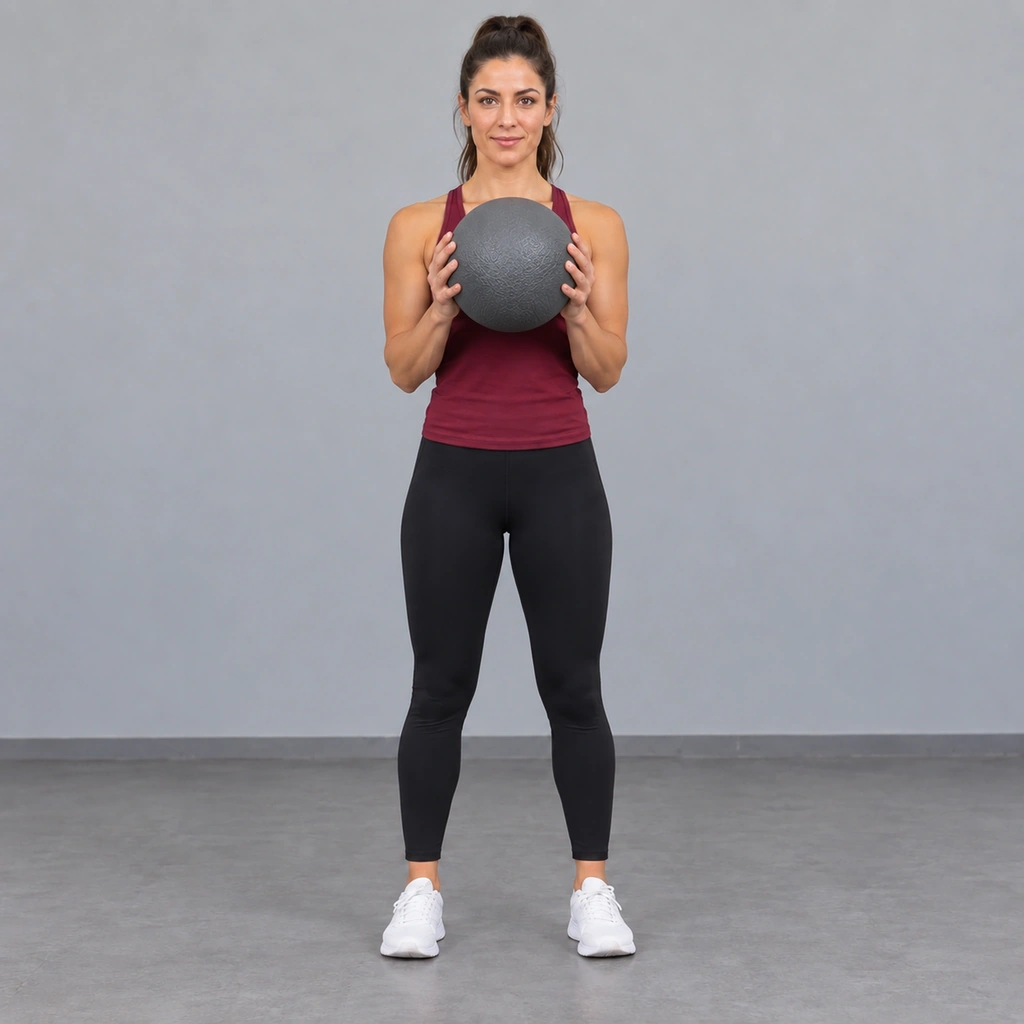The same woman, now with her elbows bent and the medicine ball raised up near her chest.