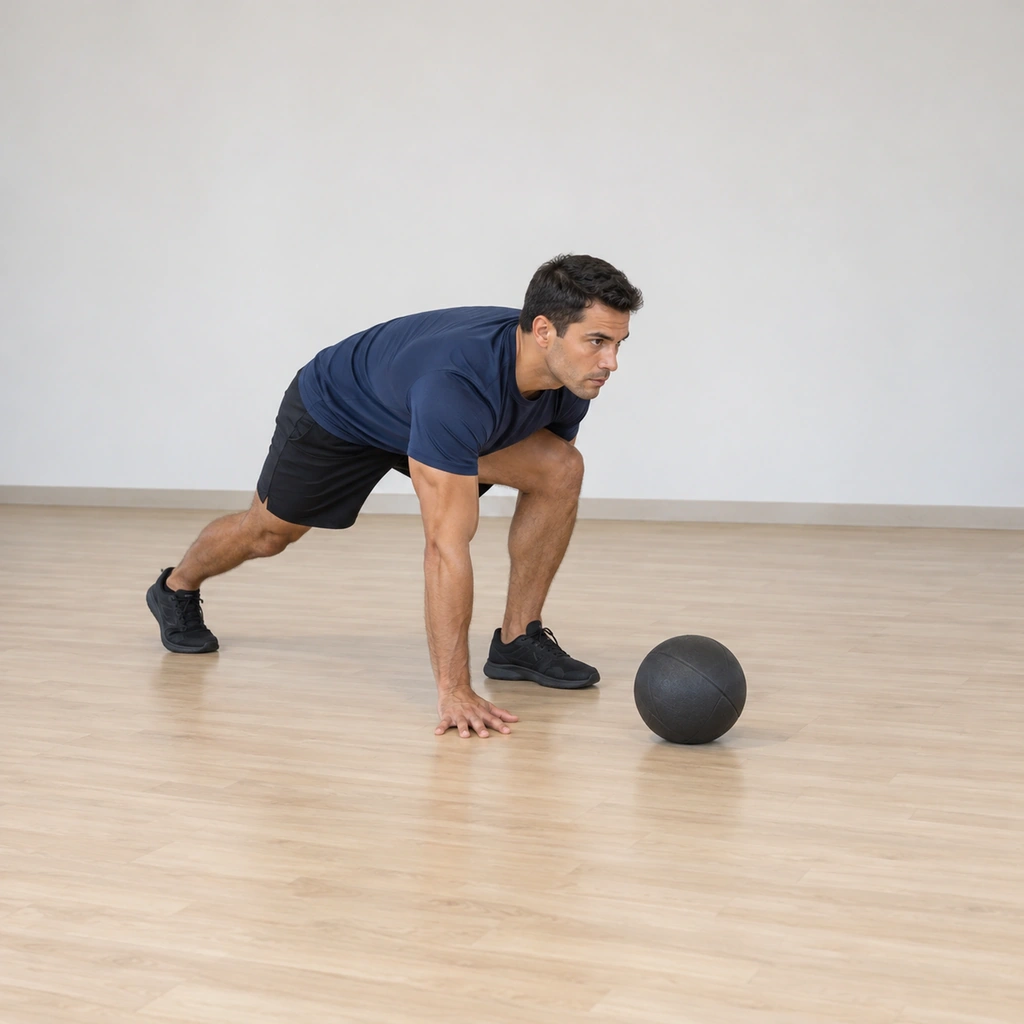 He holds a three-point stance: both feet staggered low, one hand posted on the floor, the medicine ball resting ahead of him on the floor.