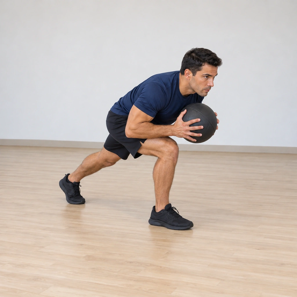 He has stepped forward off the stance and is gathering the ball up to his chest with both hands, mid-stride.