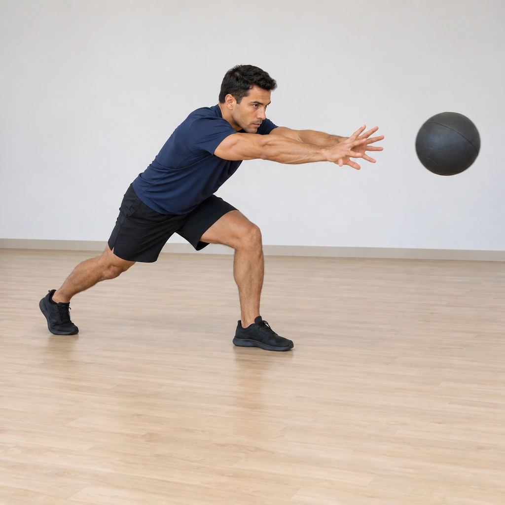 His arms are extended straight forward off his chest releasing the ball ahead of him at maximum velocity, body driven forward off the plant.
