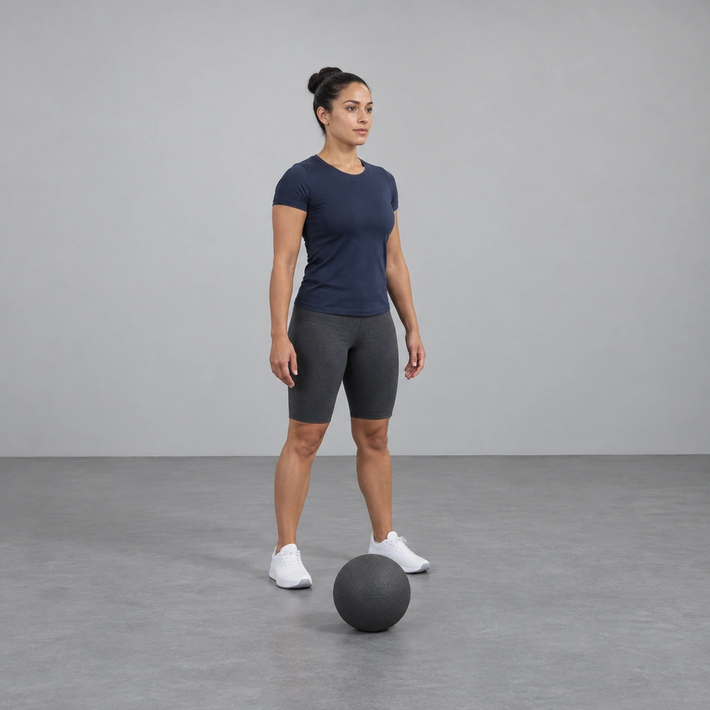 A woman standing tall with her feet shoulder-width apart and her hands empty at her sides, with a medicine ball resting on the floor in front of her toes.