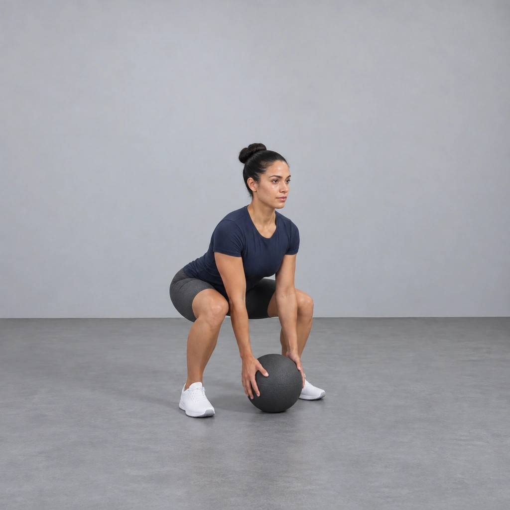 The same woman squatting down with a straight back, both hands gripping opposite sides of the medicine ball that still rests on the floor in front of her.