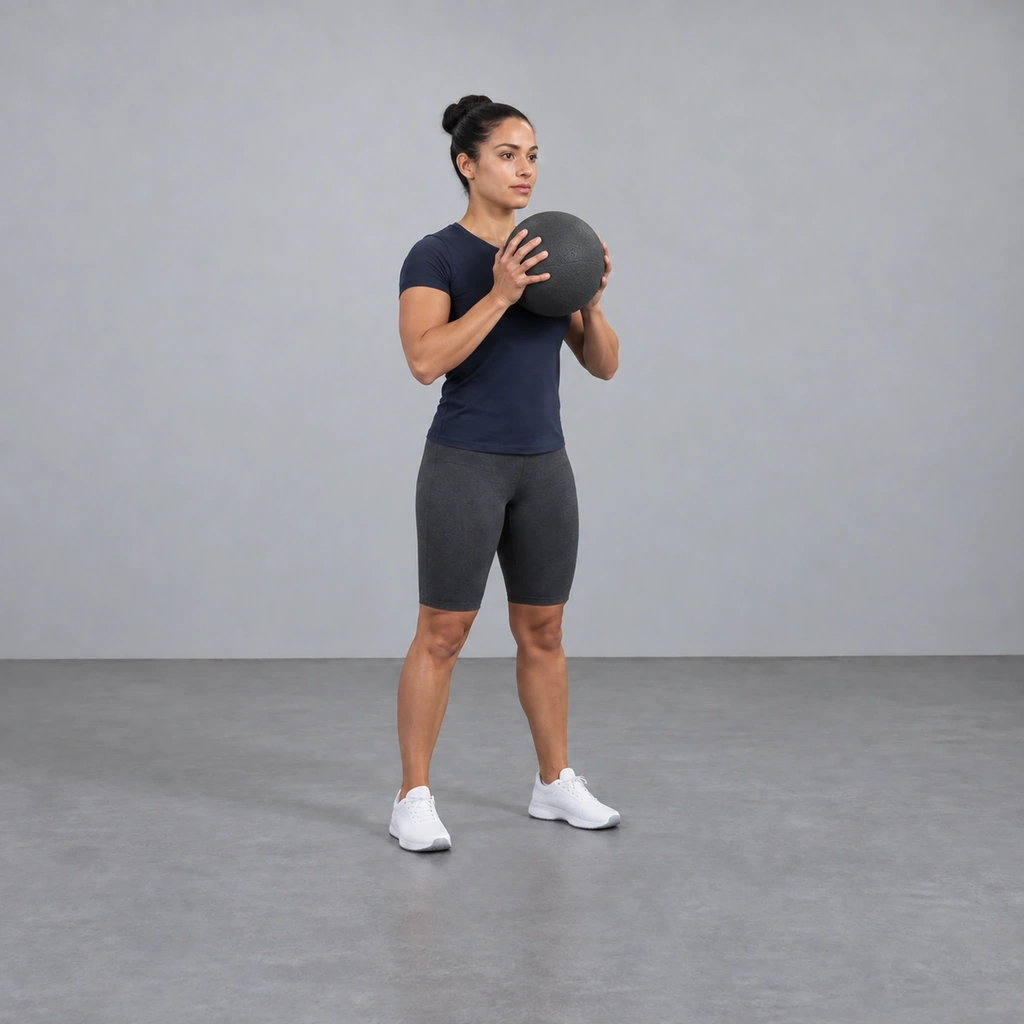The same woman standing nearly upright with her legs extended and the medicine ball lifted off the floor to chest height in both hands.