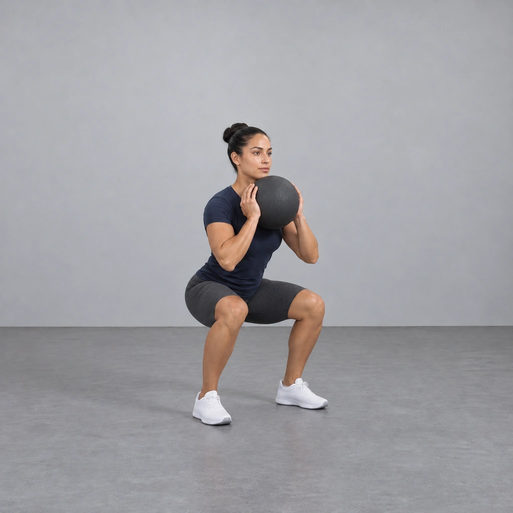 The same woman in a front squat with her thighs about parallel to the floor, the medicine ball caught at the front of her shoulders in both hands.