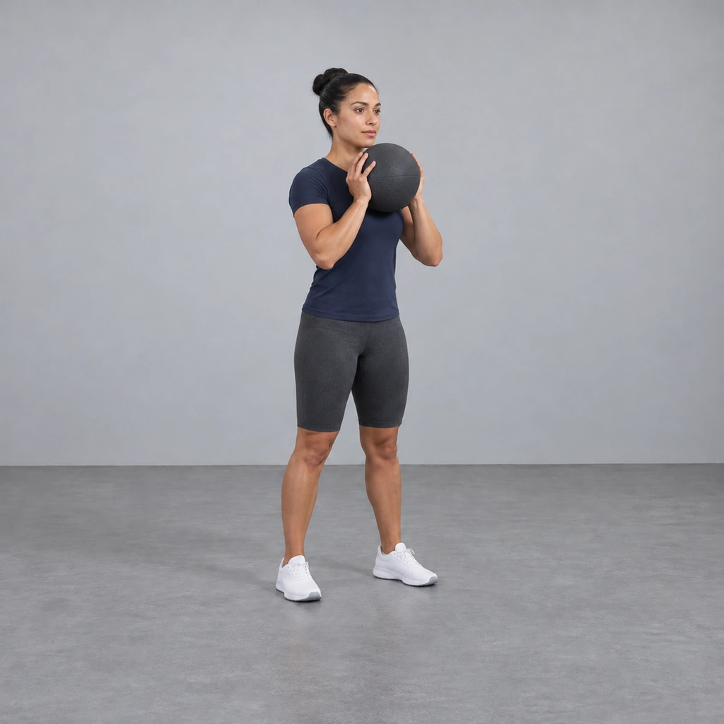 The same woman standing tall with her feet shoulder-width apart and the medicine ball held at the front of her shoulders in both hands.