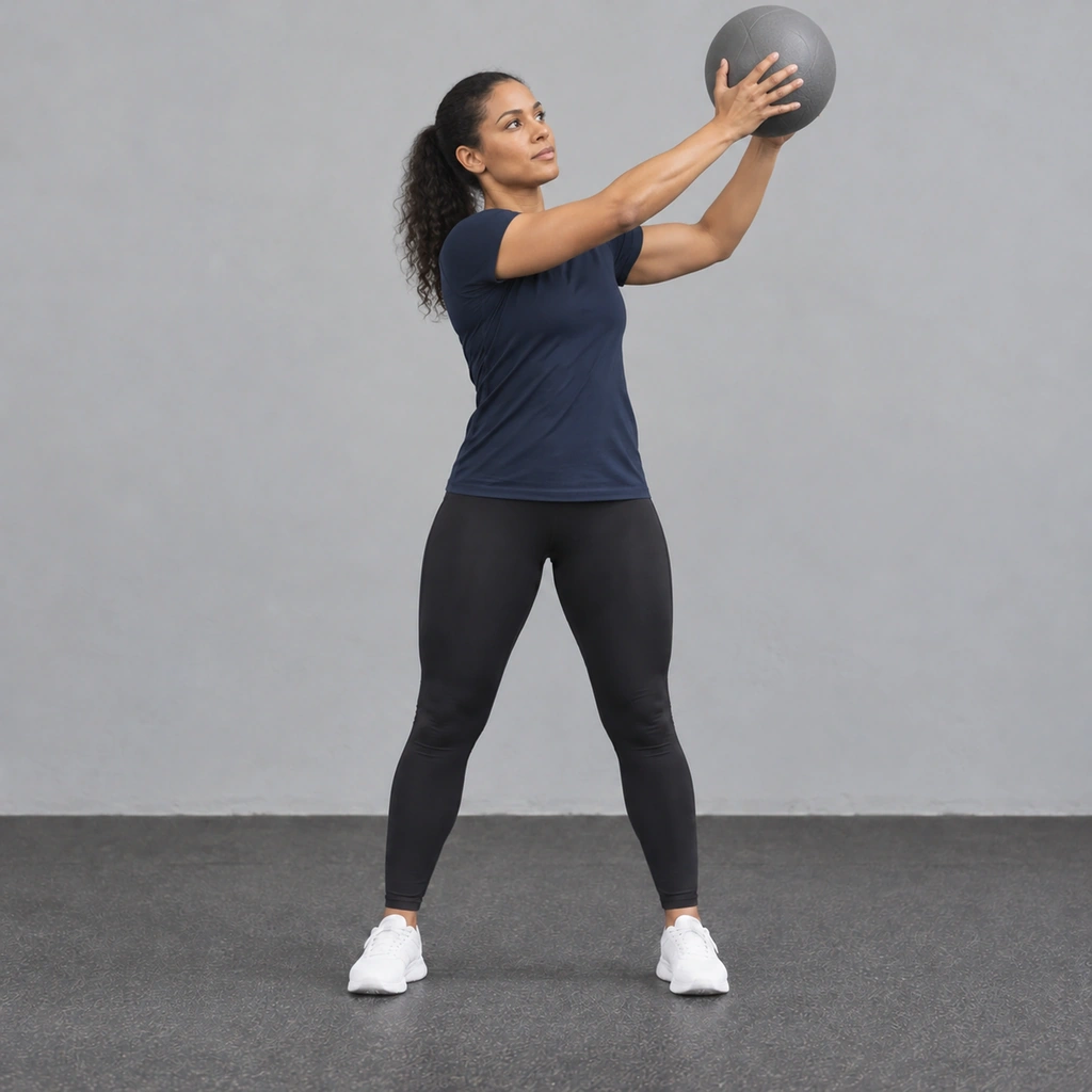 The same woman, same stance, now with the medicine ball raised high above her left shoulder, torso rotated left.