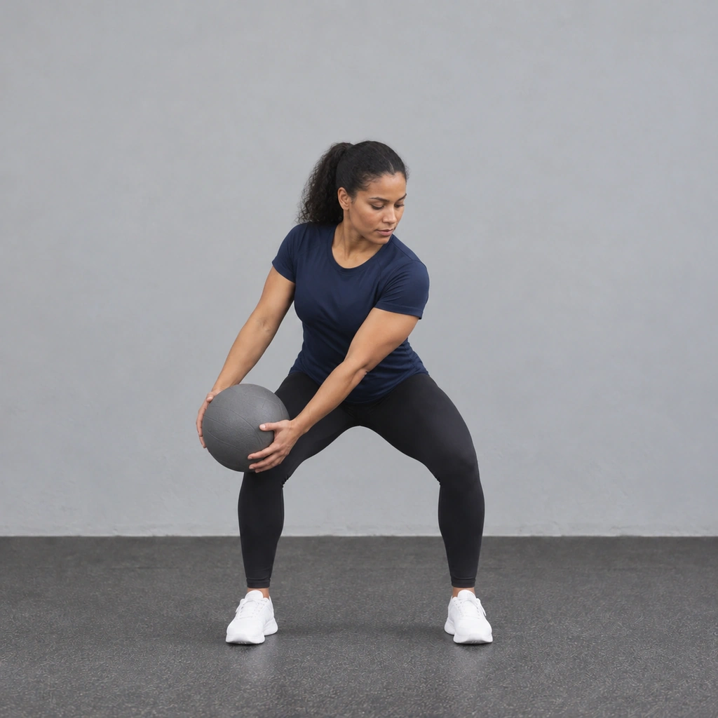 The same woman, now squatting with the medicine ball down beside her right knee, torso rotated right.