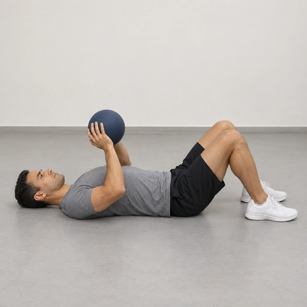 A man lying on his back with knees bent, holding a medicine ball over his chest with both hands and his elbows bent.