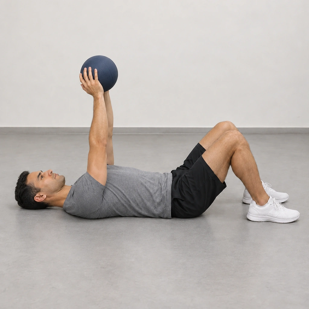 The same man with both arms fully extended straight up, the medicine ball at arm's length above his chest.