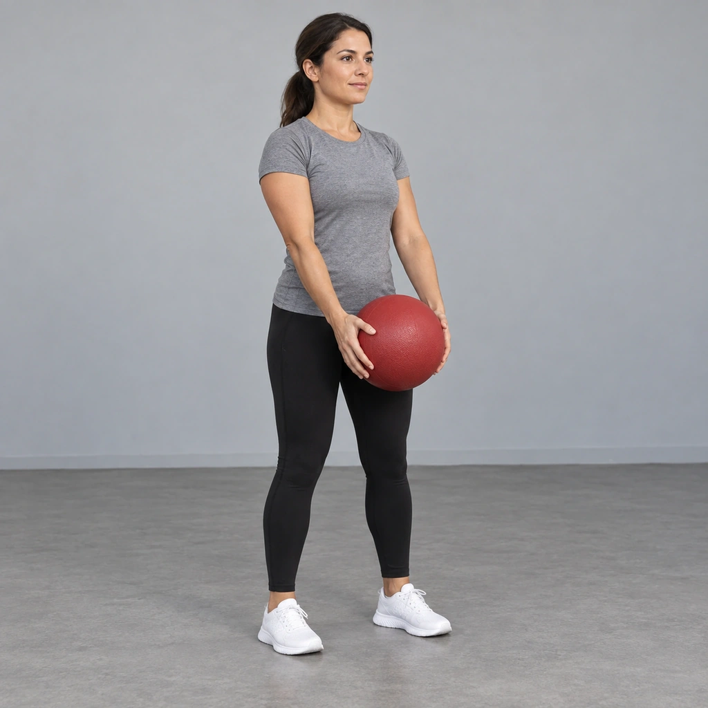 A woman standing, feet shoulder-width apart, holding a medicine ball low in front of her body with both hands.