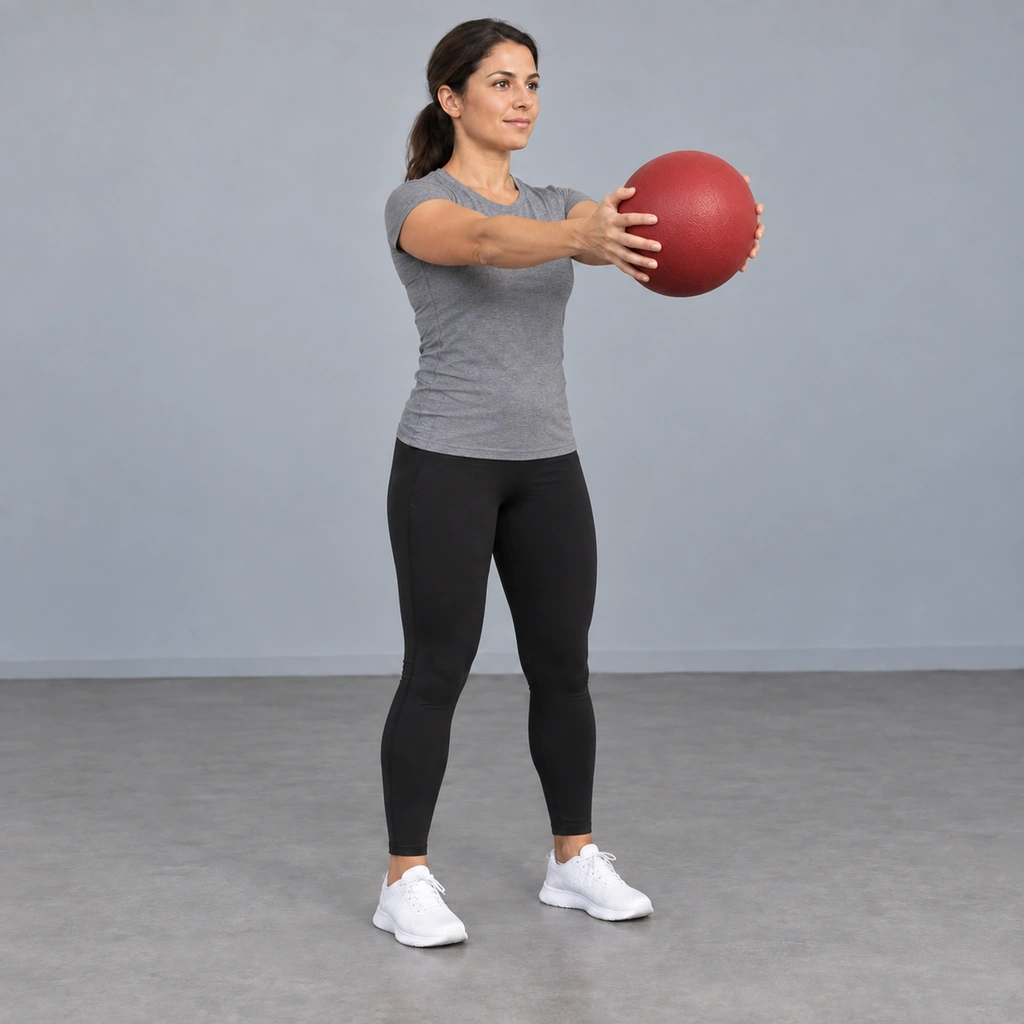 The same woman, the medicine ball now raised to chest level in front of her, still held with both hands.