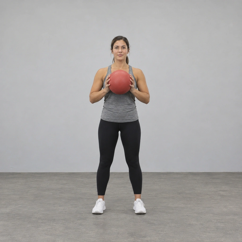 A woman standing upright, holding a medicine ball with both hands at chest height in front of her.