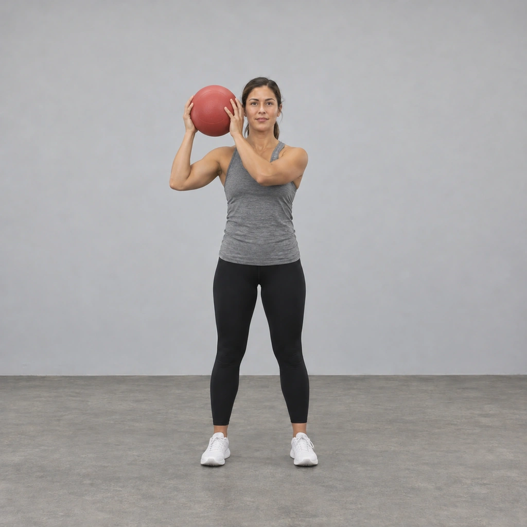 The same woman, now holding the medicine ball raised beside the right side of her head.