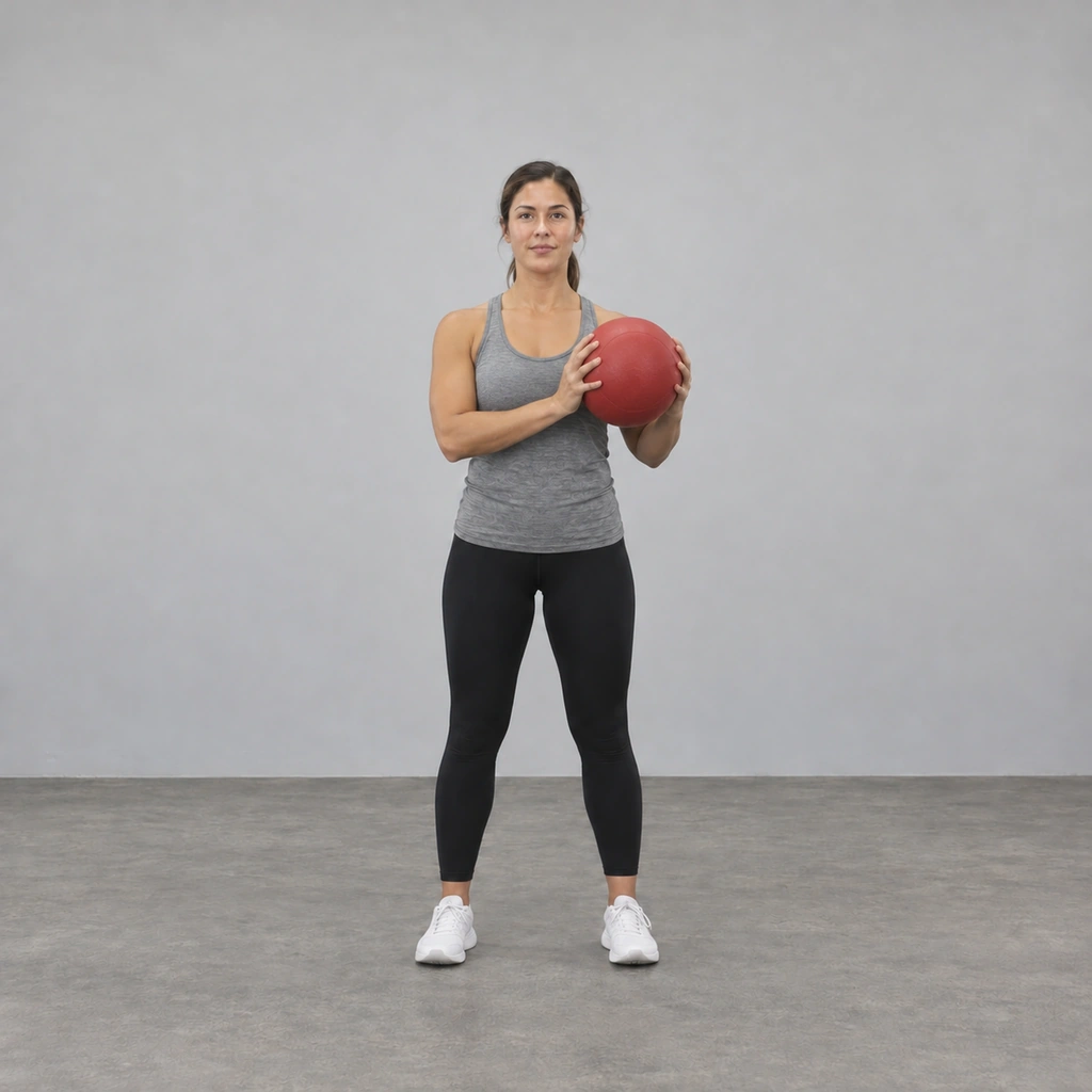 The same woman, holding the medicine ball back at chest height, now on her left side.