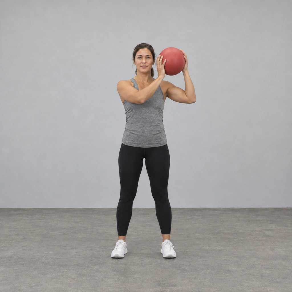 The same woman holding the same medicine ball beside the left side of her head during the reverse halo.