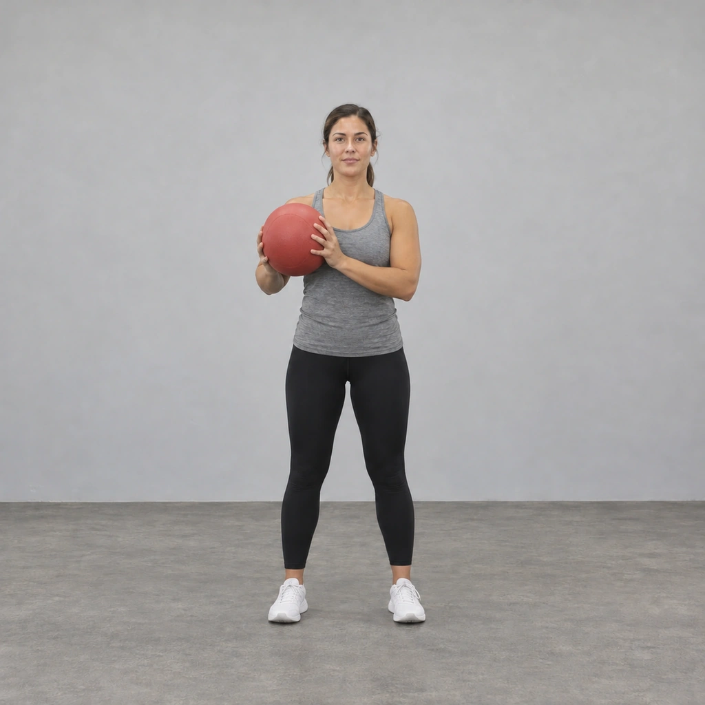 The same woman holding the same medicine ball at chest height on her right side, after the reverse halo.