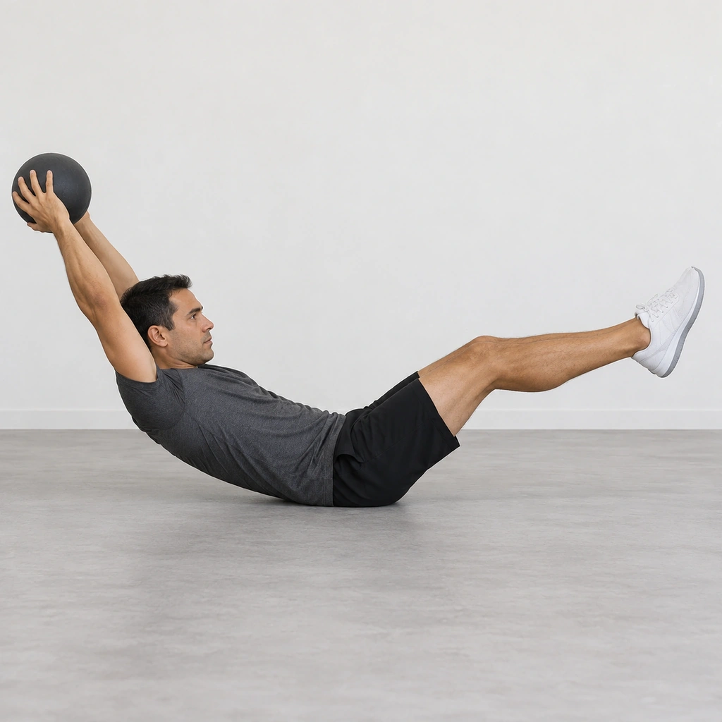 A man lying back in a hollow shape, legs lifted and slightly bent, shoulders off the floor, cupping a medicine ball overhead, balanced on his tailbone and glutes.