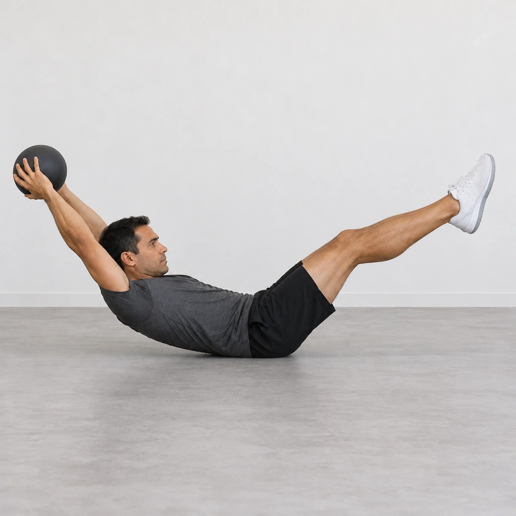 The same man rocked back in the hollow shape, weight rolled up toward his lower back, legs higher, shoulders still off the floor, holding the ball overhead.