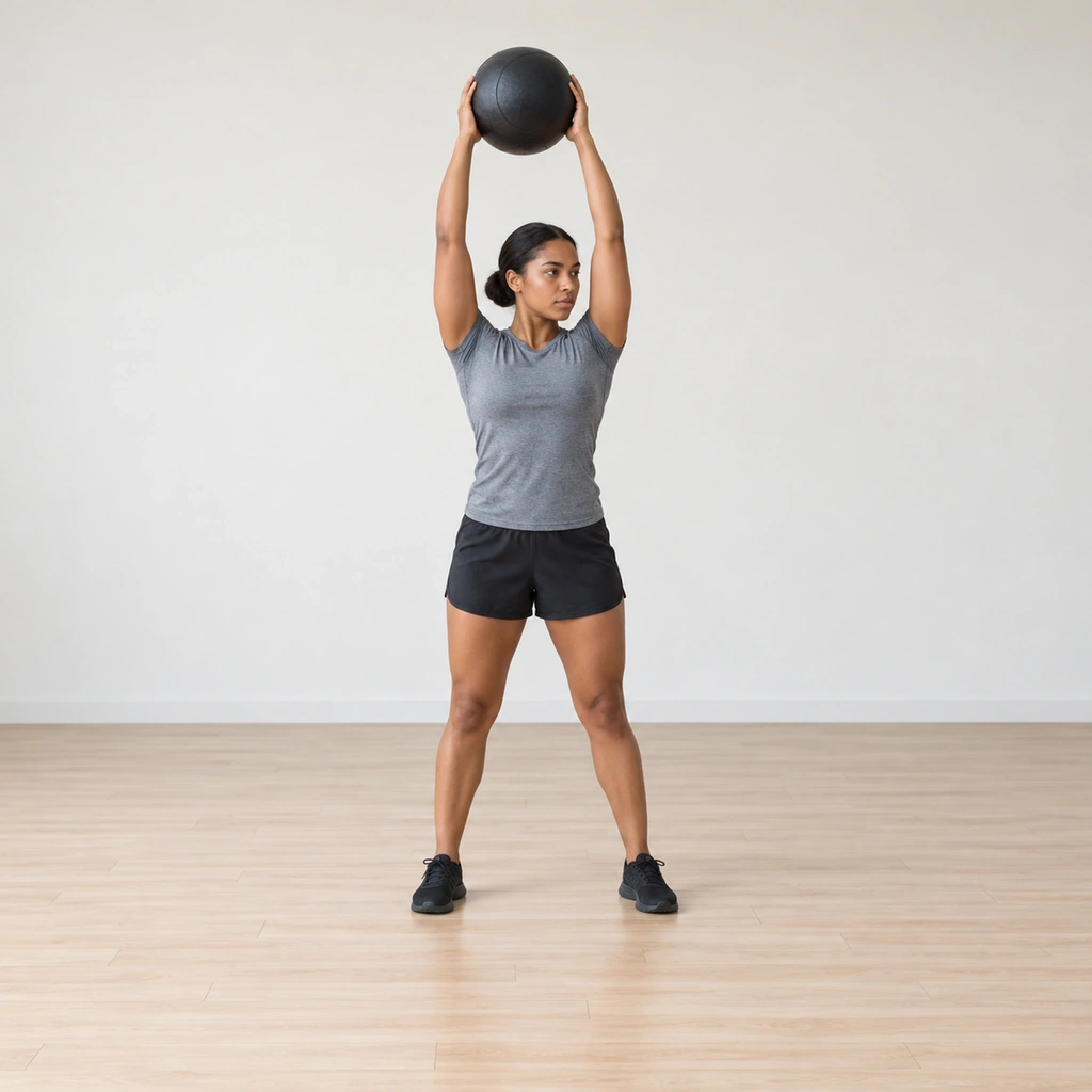 She holds the start: standing tall with the medicine ball pressed overhead on extended arms, feet planted, core braced, eyes ahead.