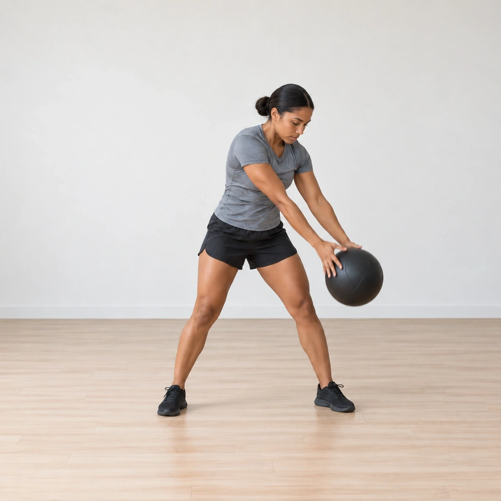 She is mid-turn: trunk rotated, arms carrying the ball down from overhead along the turned line toward the outside of her foot, knees softening into the drive.