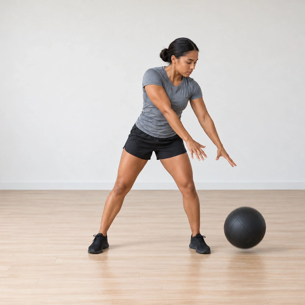 She reaches the slam: the ball driven onto the ground just outside her foot, her trunk fully rotated down over the turn, arms following through low beside the leg, her exhale forced out.