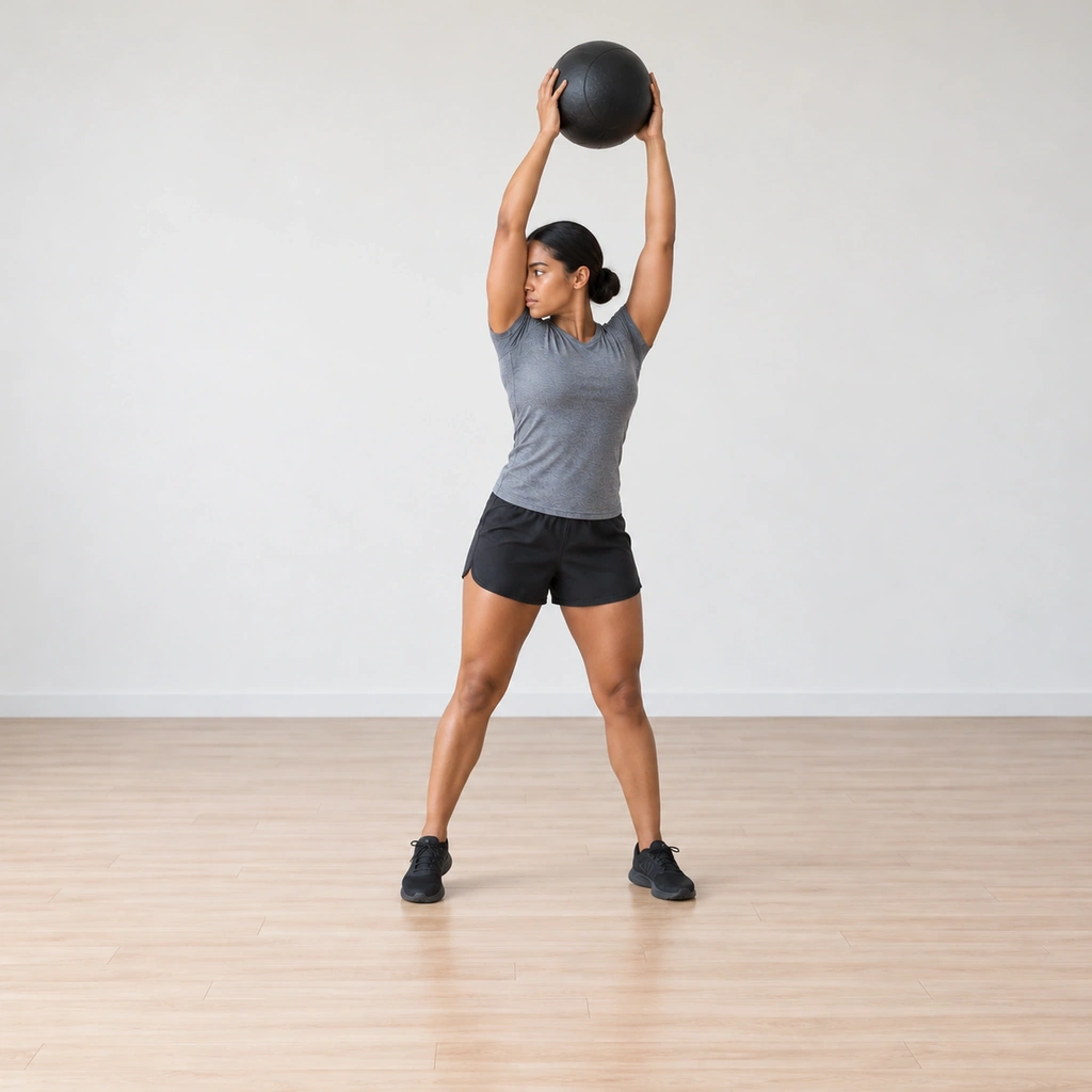 She has recovered the ball and is turning into the second side: tall through the hips with the ball back overhead, her trunk rotating the opposite way to begin the repeat.