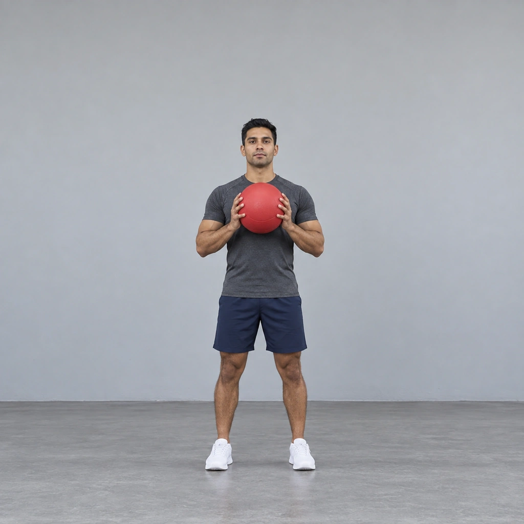 A man standing with feet apart, holding a medicine ball with both hands at his chest.