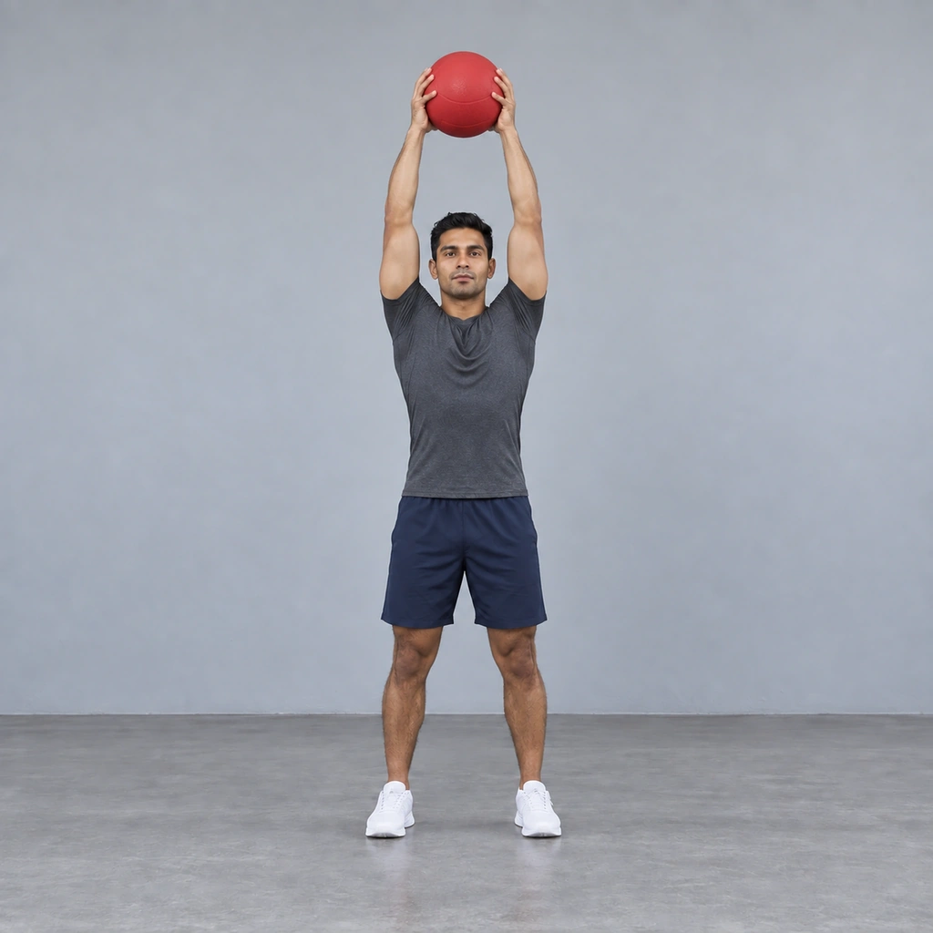The same man, now with the medicine ball raised above his head, both arms extended.