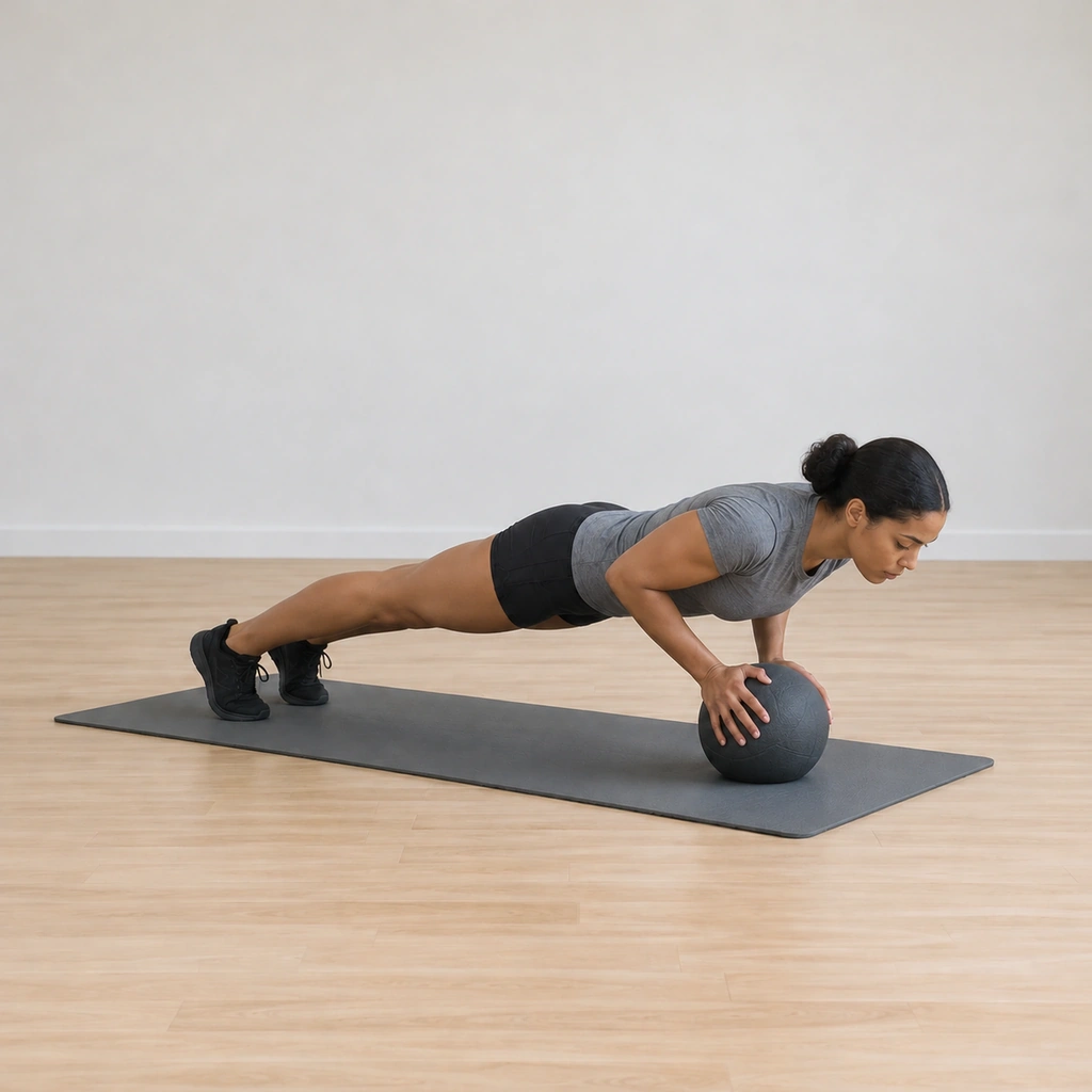 She is midway down, her elbows bending at her sides as her chest lowers toward the ball between her hands, her body still in one rigid line with no sag, hike or twist.