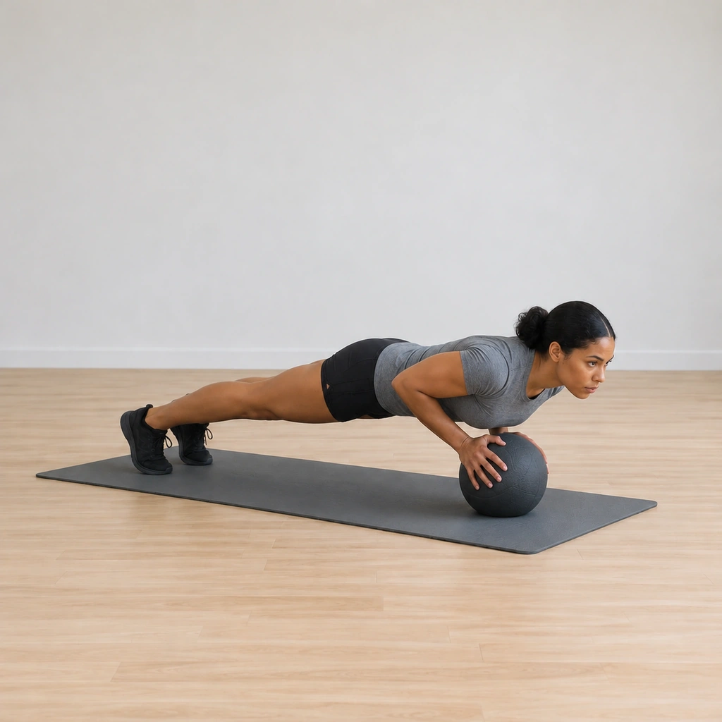 At the bottom of the push-up her chest is just above, lightly touching, the medicine ball between her hands, her elbows deeply bent close to her sides and her body still straight from head to heels.