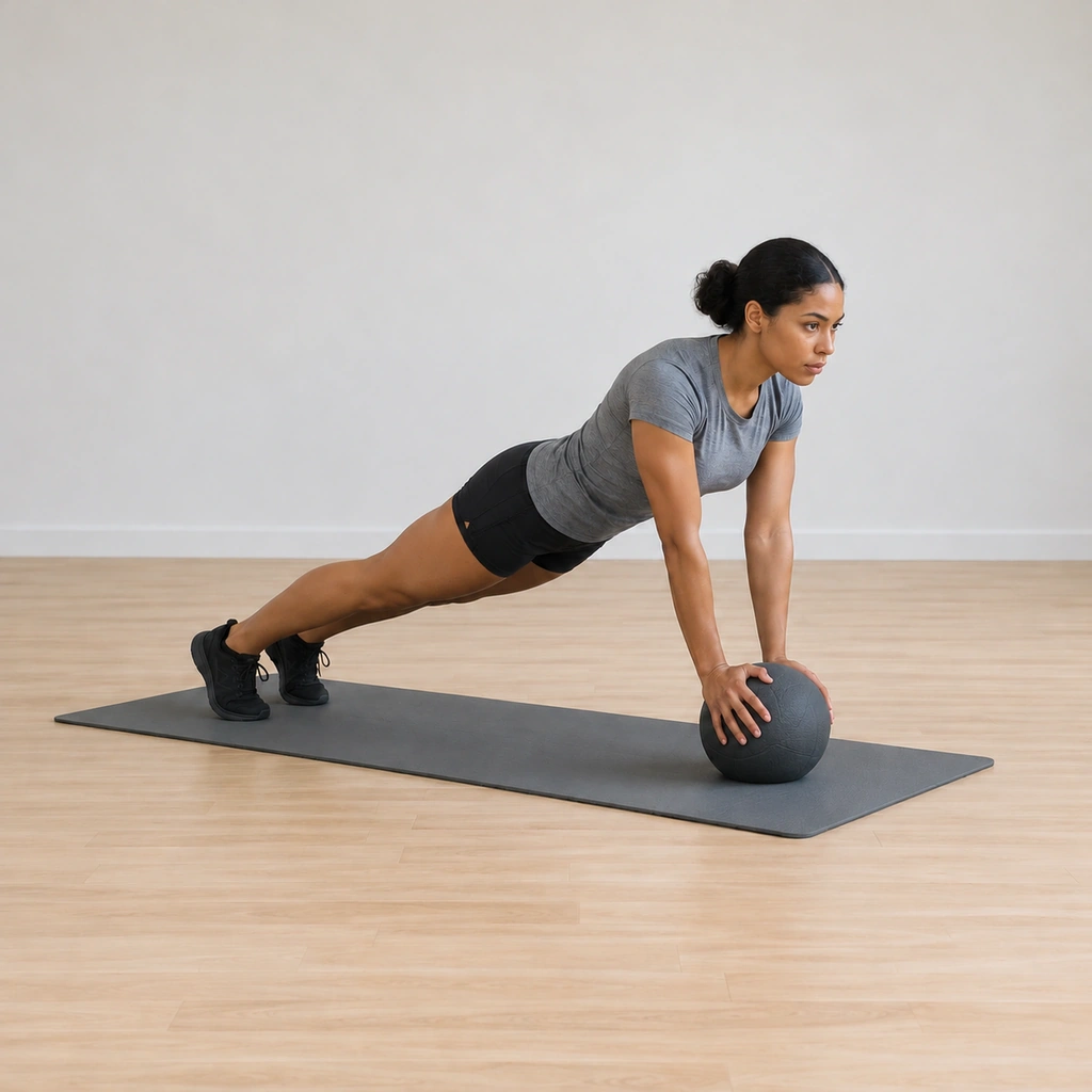 She is pressing back up through the mid-range, her elbows extending as her chest rises evenly off the ball, both palms still on its sides, the slow controlled press keeping her plank unbroken.