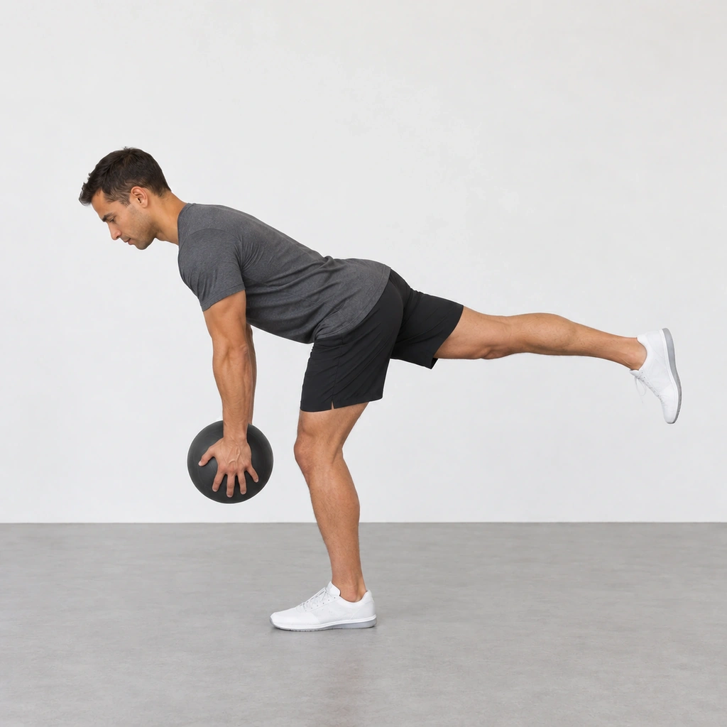 A man hinged forward on his right leg with his left leg lifted behind him and a medicine ball hanging straight down from his hands.