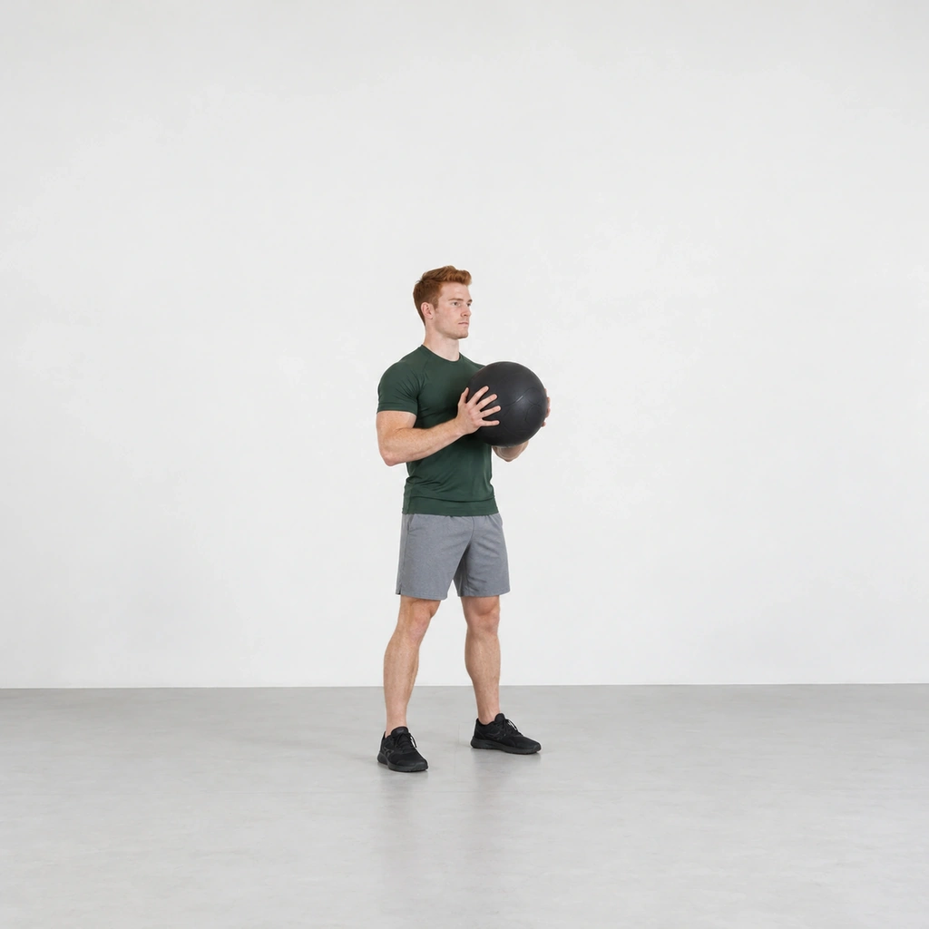 Man standing upright holding a medicine ball in both hands in front of his chest.