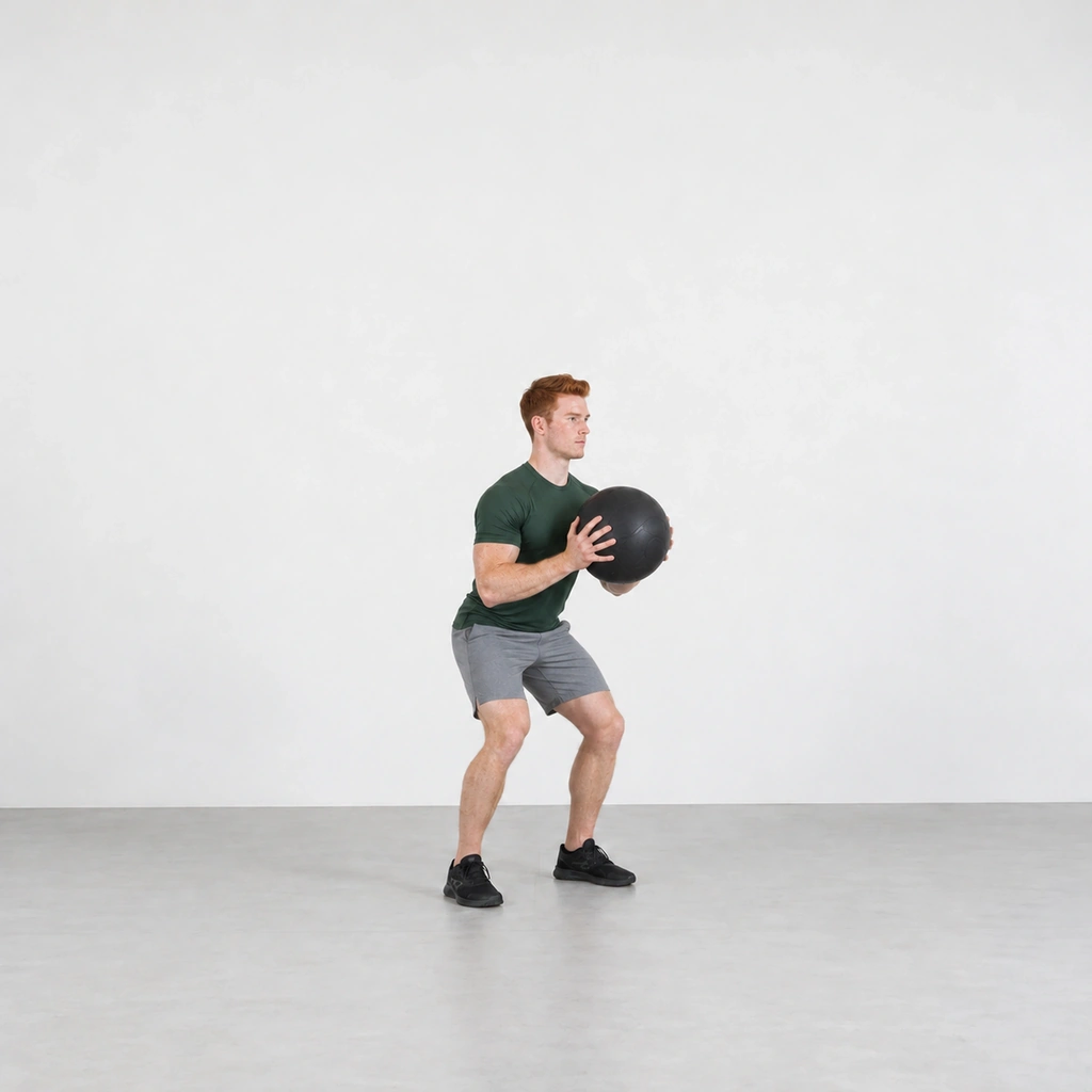 Man in a shallow dip with his knees bent, holding a medicine ball at his chest.