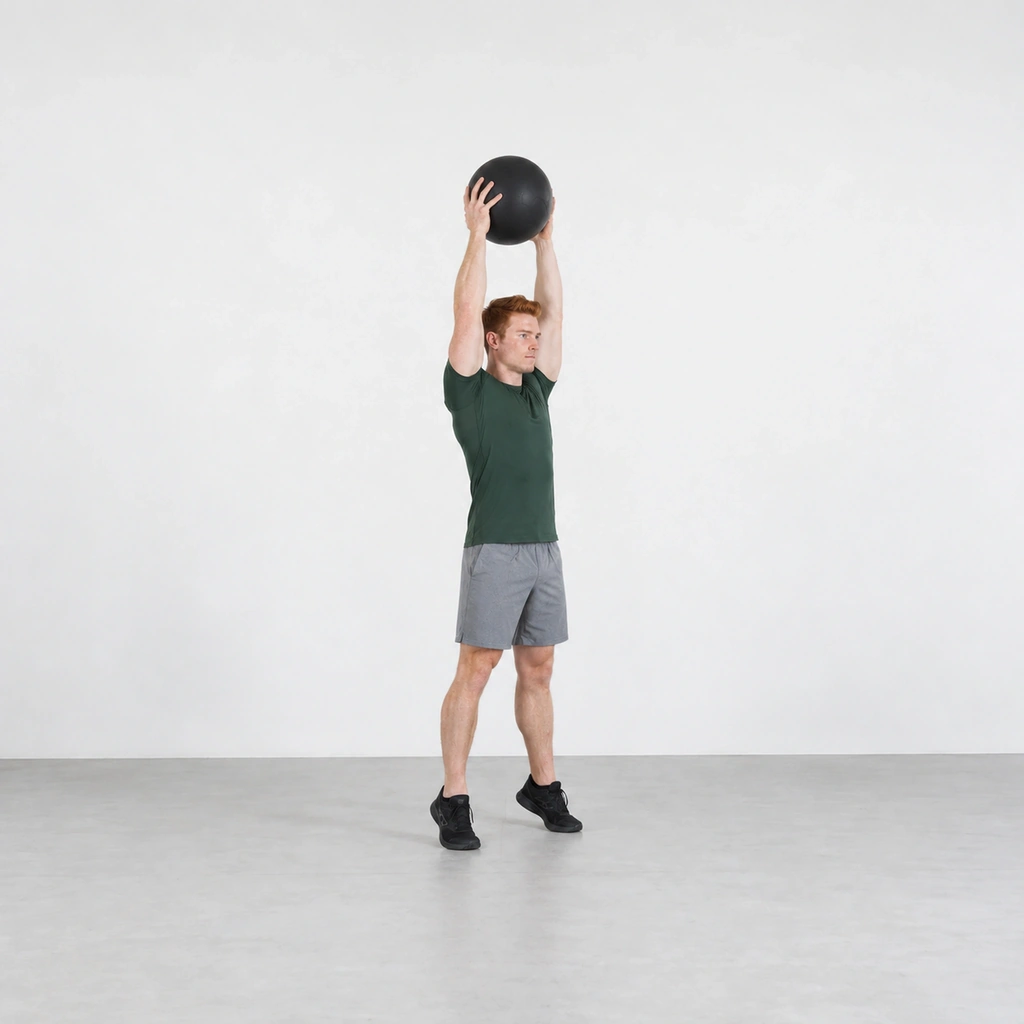 Man stretched tall on the balls of his feet holding a medicine ball straight above his head.