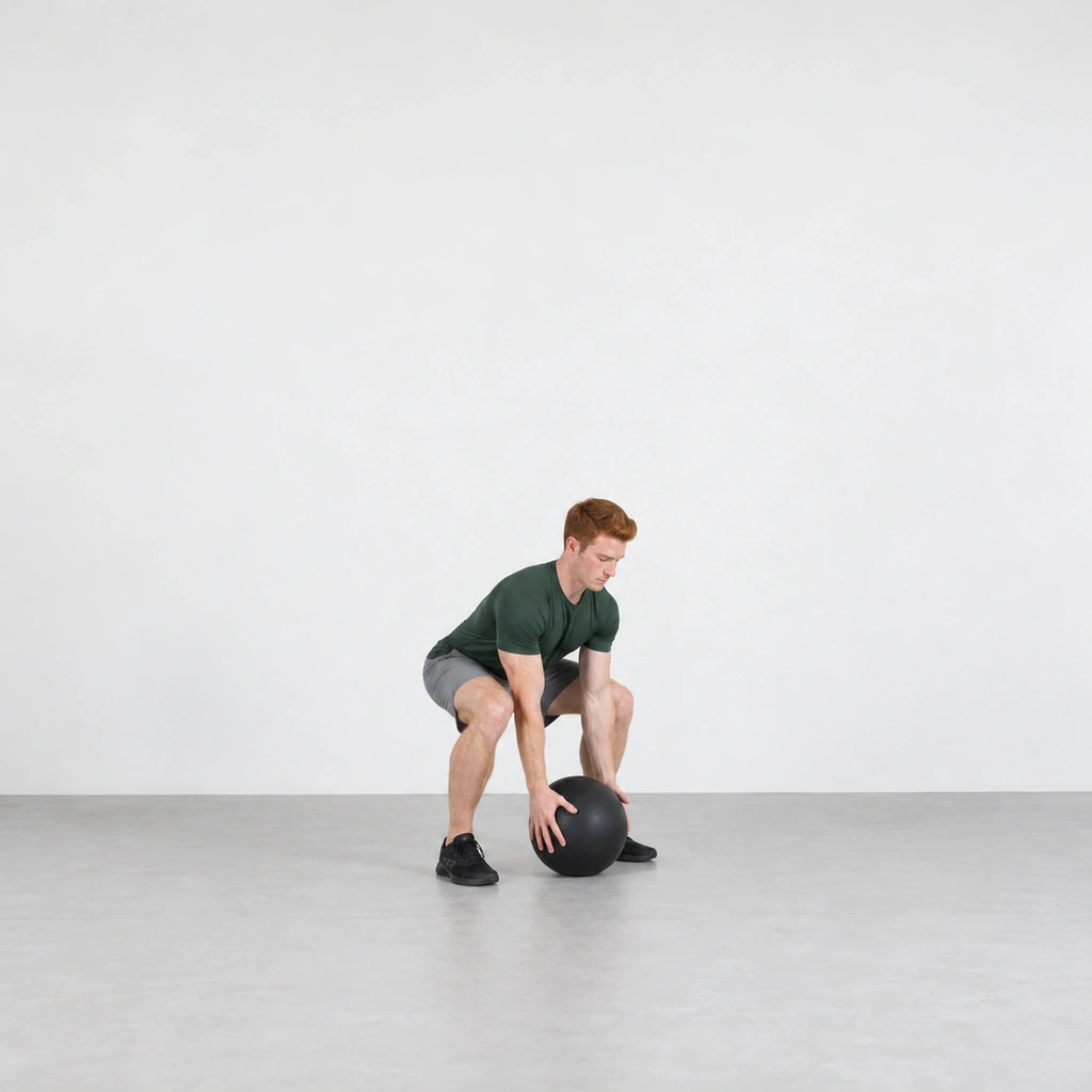 Man squatting with his hips back and both hands on a medicine ball on the floor in front of his feet.