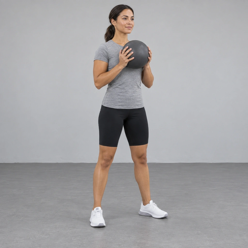 A woman standing tall with her feet a little wider than her shoulders, holding a medicine ball against her chest in both hands with her elbows tucked in.