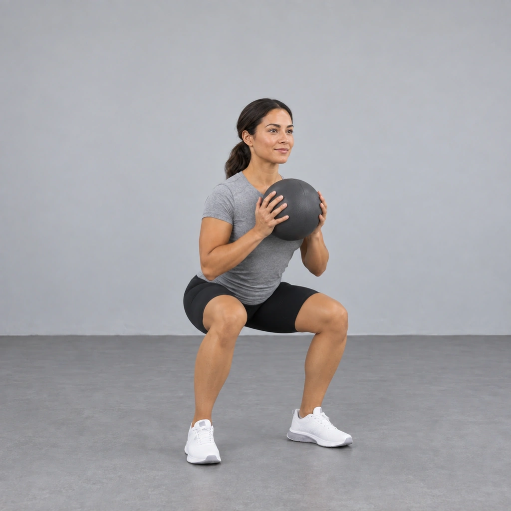 The same woman squatting with her hips sent back and her thighs about parallel to the floor, her chest lifted and the medicine ball still held at her chest.