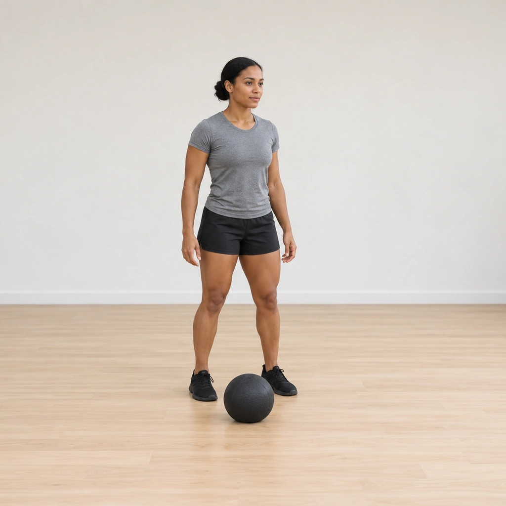 She stands tall directly behind the medicine ball resting on the floor, weight on both feet, ready to tap.