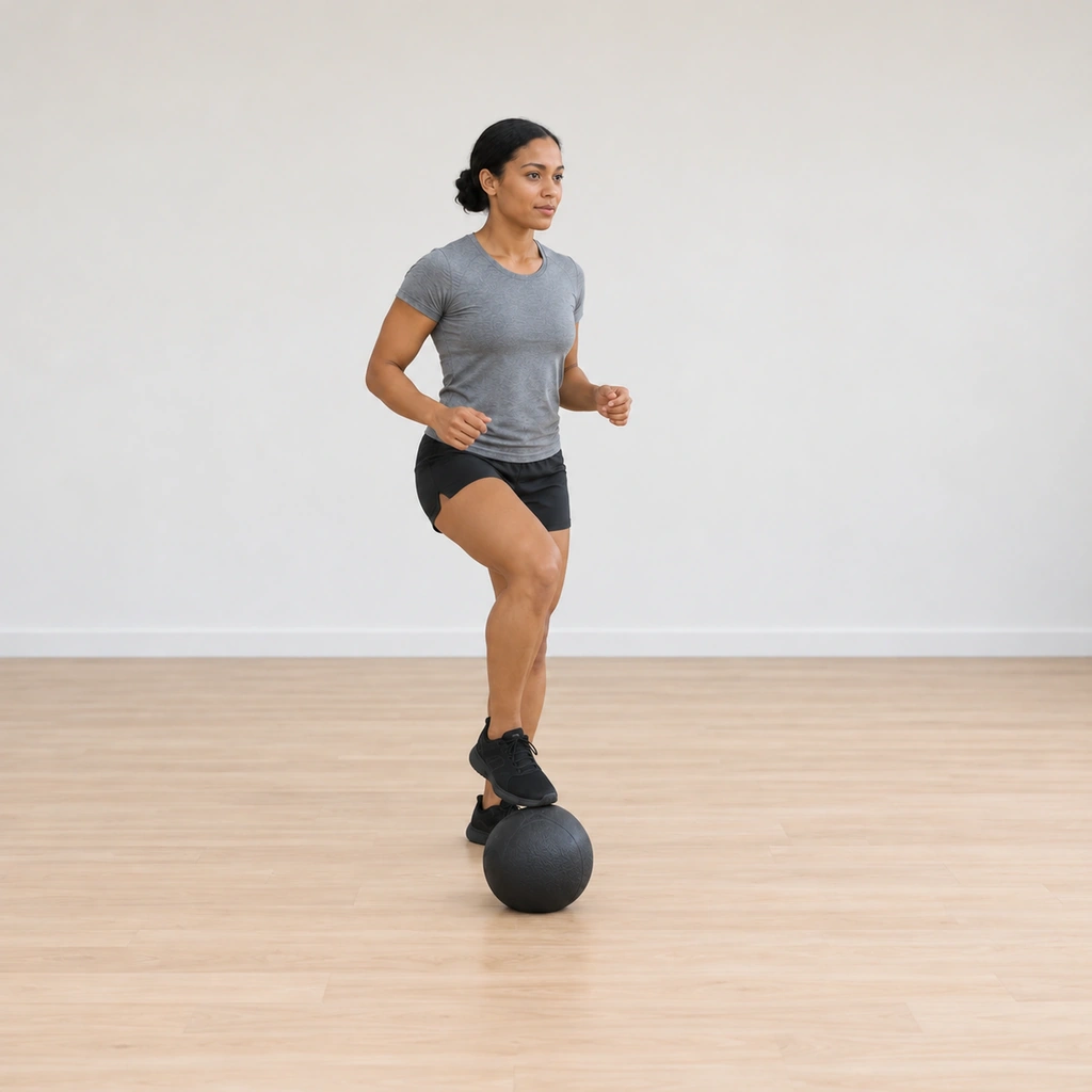 Her right foot's ball taps the top of the medicine ball mid-hop, the left foot still on the floor, a light bounce in her stance.