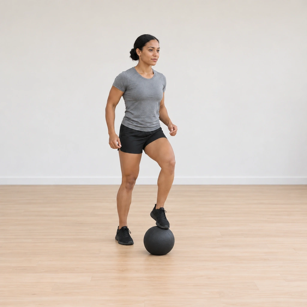 Her left foot's ball now taps the top of the medicine ball mid-hop, the right foot returned to the floor.