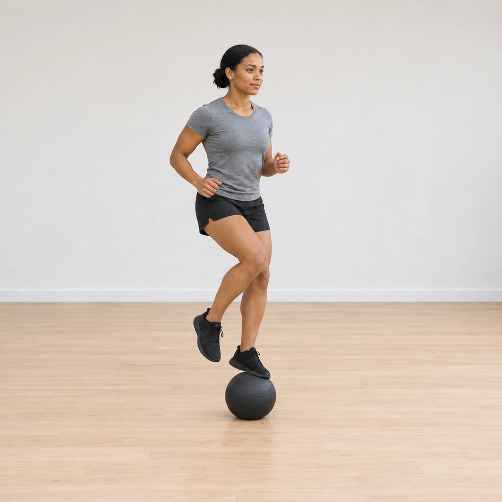 She continues the hopping rhythm, alternating the balls of her feet on the ball top, light and quick.
