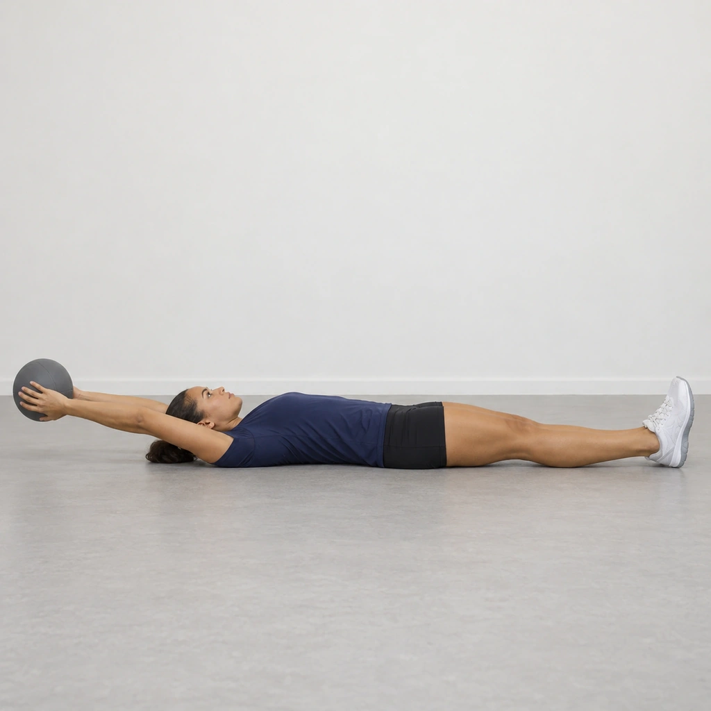 A woman lying flat on her back with straight legs and straight arms overhead holding a medicine ball just above the floor.
