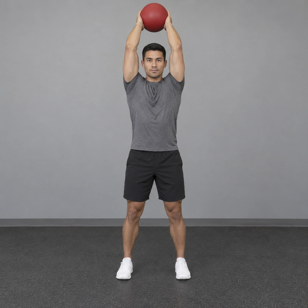 A man standing with his feet shoulder-width apart, holding a medicine ball overhead with both hands.