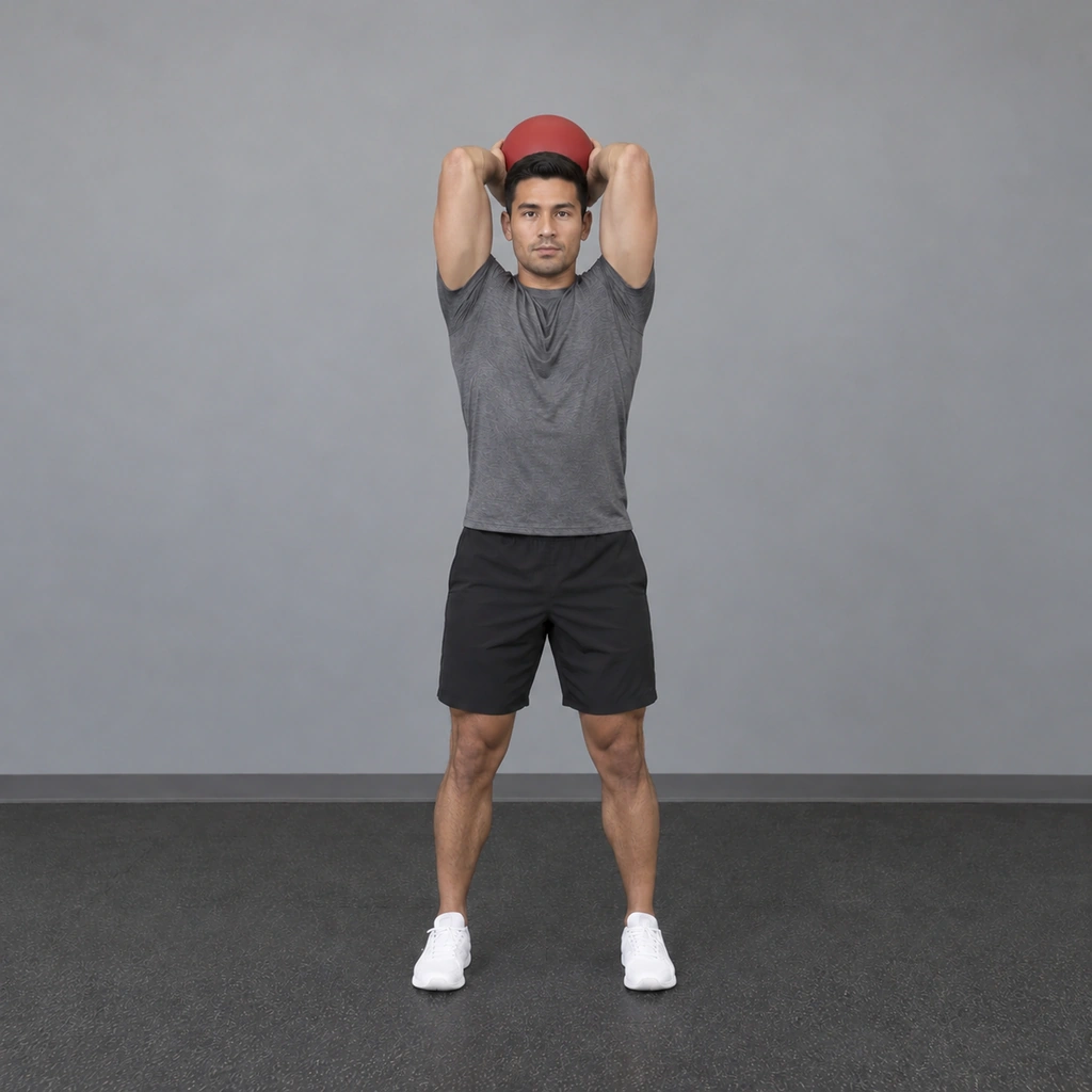 The same man, now with the medicine ball lowered behind his head, both elbows bent.