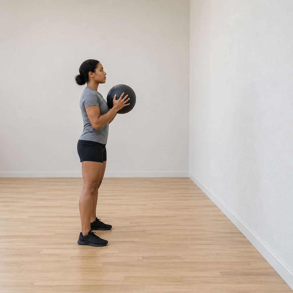 She stands tall facing the wall a short step away: the medicine ball held at her chest in both hands, elbows tucked, feet planted hip-width, eyes on the wall target.