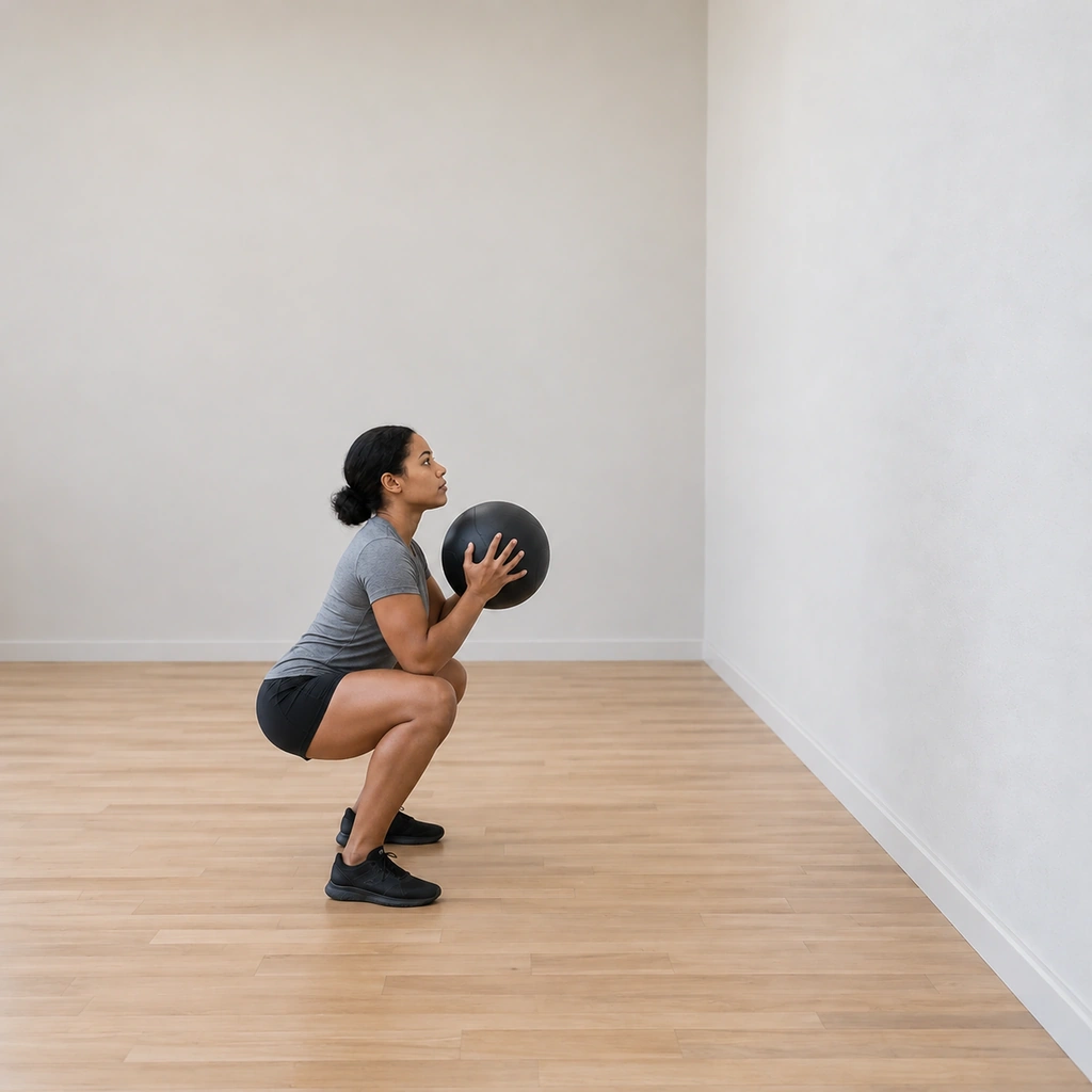 She sits in the deep squat: hips dropped below parallel, knees tracking over the toes, torso upright, the medicine ball still held at her chest in both hands, eyes up at the wall.