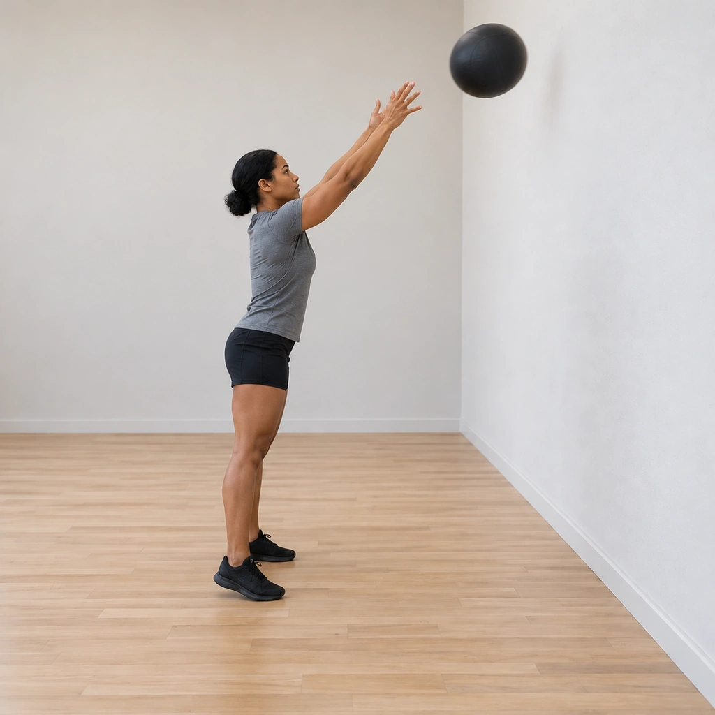 She is mid-launch: hips and legs extending explosively upward out of the squat, both arms launching the ball up off her chest toward the high wall target, the ball just released on its rising path.