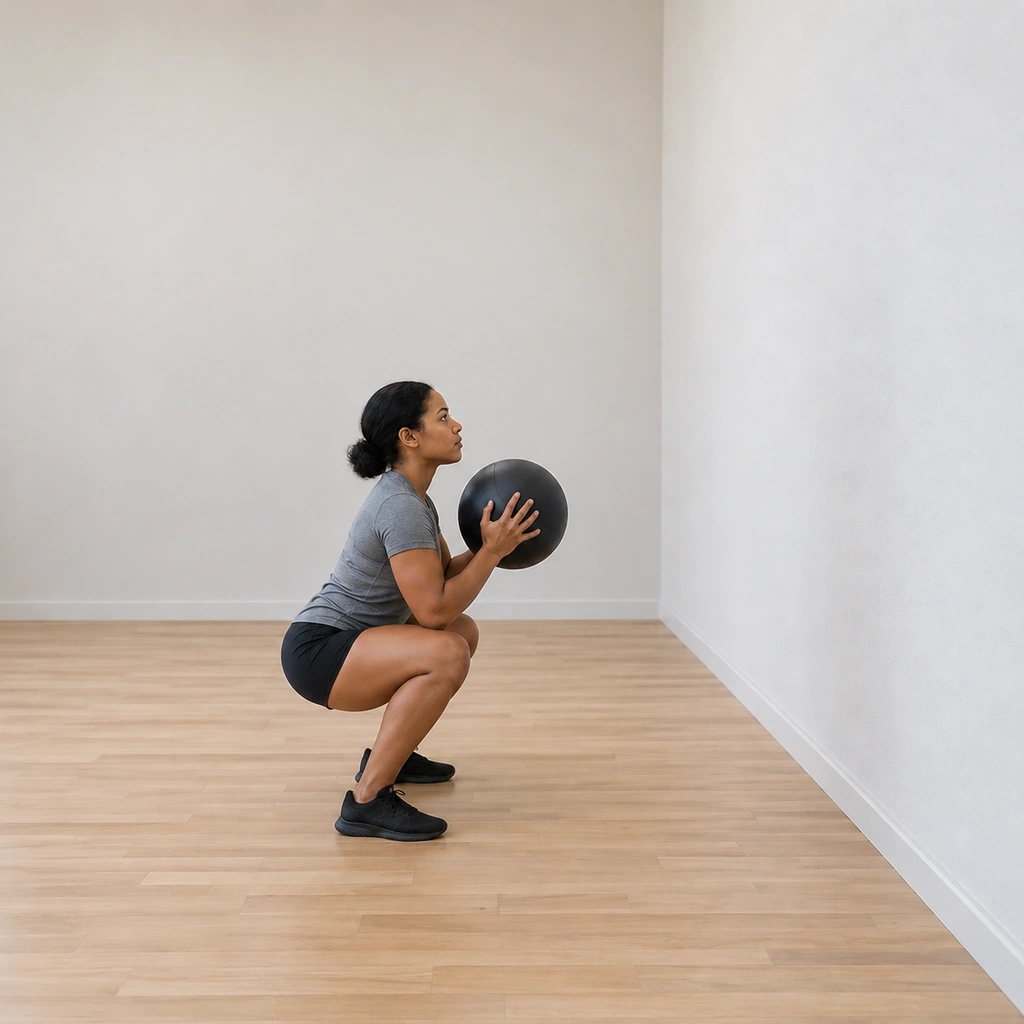 She has caught the rebound and is sinking straight into the next squat: the ball back at her chest, hips dropping deep, knees bending, eyes on the wall for the next throw.